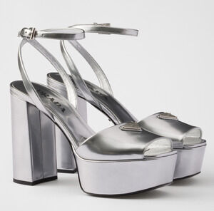 Prada 115mm Silver Metallic Platform Sandal Ankle Strap Block Heel Pump 40